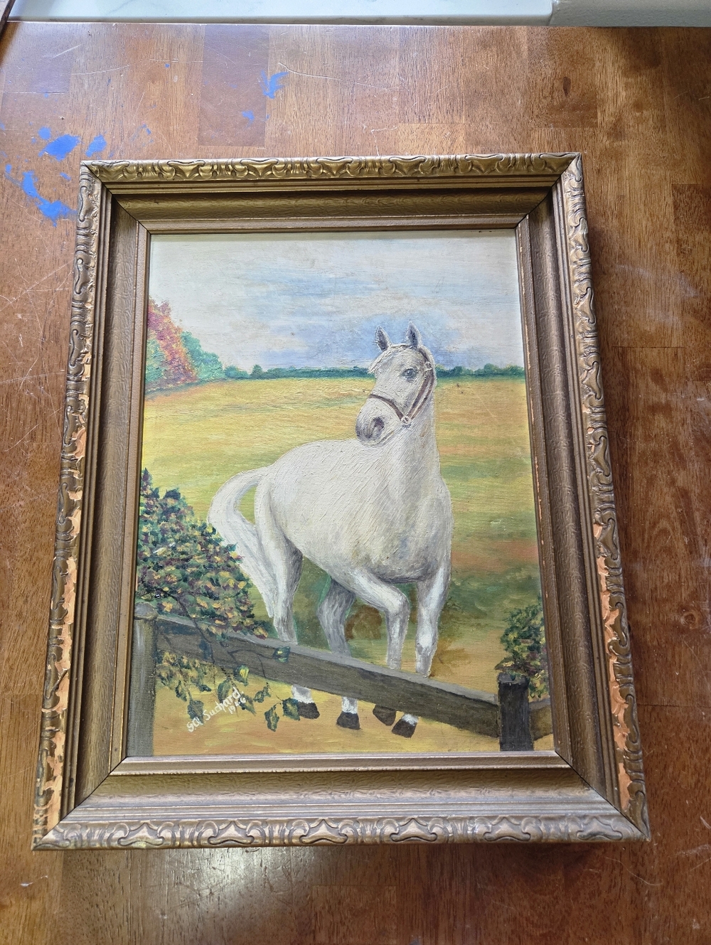 Vintage 1946 Original Equestrian Oil Painting - White Horse in Pasture - Signed